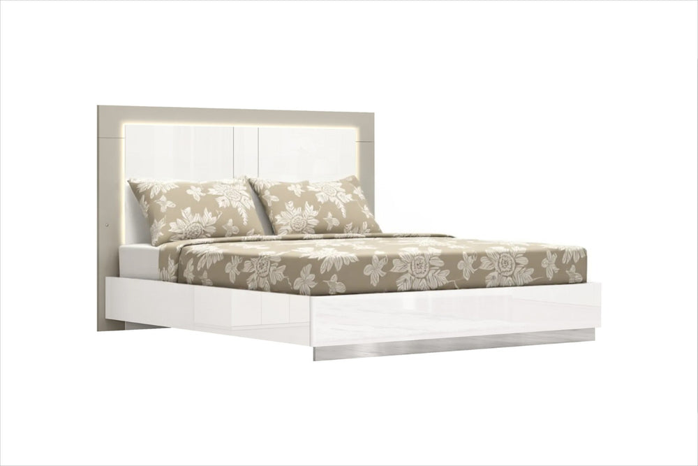 HomeRoots King High Gloss Bed Frame with LED Headboard - Modern White Design for Stylish and Durable Comfort 486085