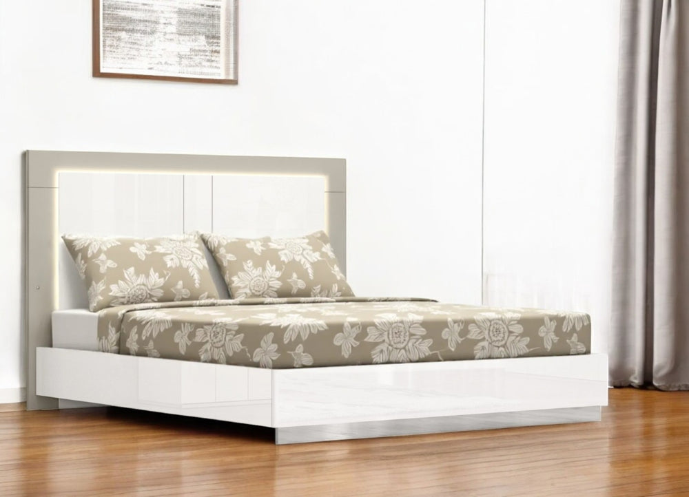 HomeRoots King High Gloss Bed Frame with LED Headboard - Modern White Design for Stylish and Durable Comfort 486085