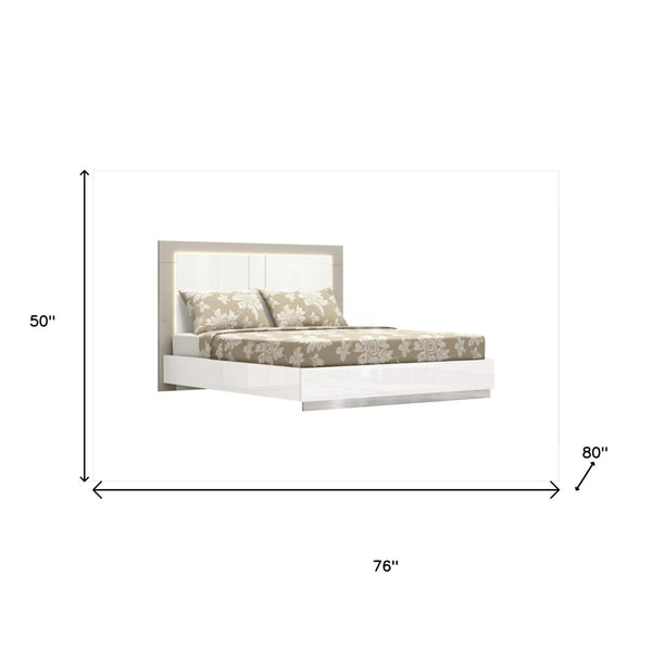 HomeRoots King High Gloss Bed Frame with LED Headboard - Modern White Design for Stylish and Durable Comfort 486085