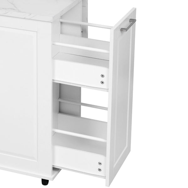 English Elm K&K Vintage Convex Kitchen Island Cart with Faux Marble Top, Tilt Trash, Pull-Out Organizer, Wheels White N707P299008W