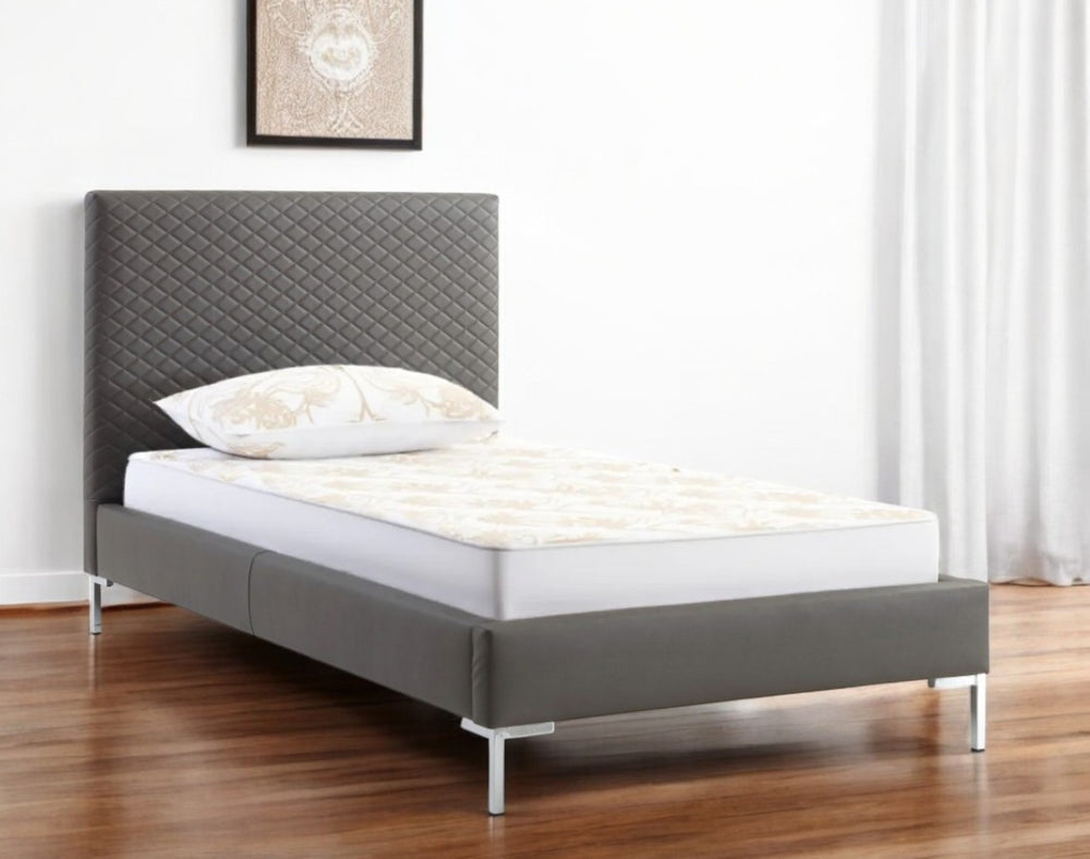 HomeRoots Gray Twin Bed Frame with Durable Wood, Faux Leather Upholstery & Stylish Design - Perfect for Small Spaces! 486091