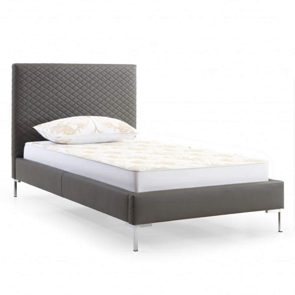 HomeRoots Gray Twin Bed Frame with Durable Wood, Faux Leather Upholstery & Stylish Design - Perfect for Small Spaces! 486091
