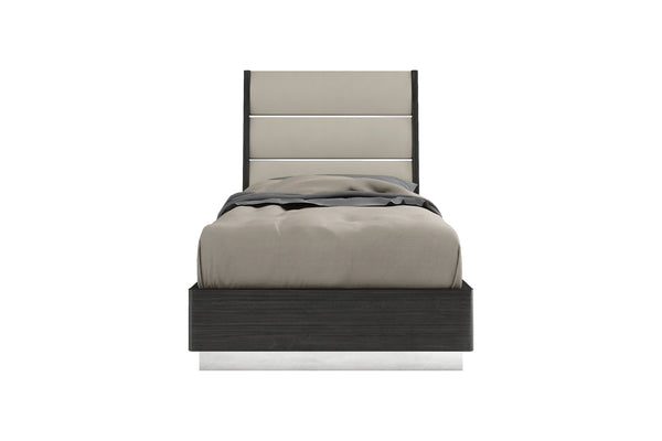 Homeroots Twin Dark Grey High Gloss Bed Frame With Faux Leather Headboard  Mdf 486094