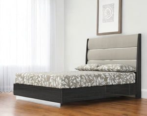 HomeRoots Queen High Gloss Dark Grey Bed Frame with Luxurious Faux Leather Headboard for Modern Bedrooms 486096