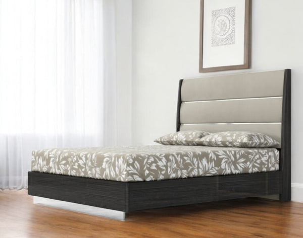 HomeRoots Queen High Gloss Dark Grey Bed Frame with Luxurious Faux Leather Headboard for Modern Bedrooms 486096
