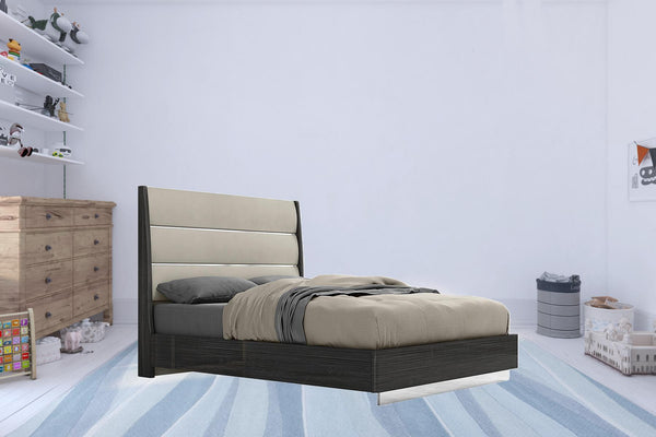 Homeroots Queen Dark Grey High Gloss Bed Frame With Faux Leather Headboard  Mdf 486096