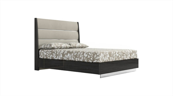 HomeRoots Queen High Gloss Dark Grey Bed Frame with Luxurious Faux Leather Headboard for Modern Bedrooms 486096