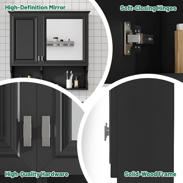 English Elm 30 30 Inch Mirror Medicine Cabinet with Half-Moon Design, Soft-Close Hinges, Open Shelf & Solid-Wood Frame Black N710P322812B