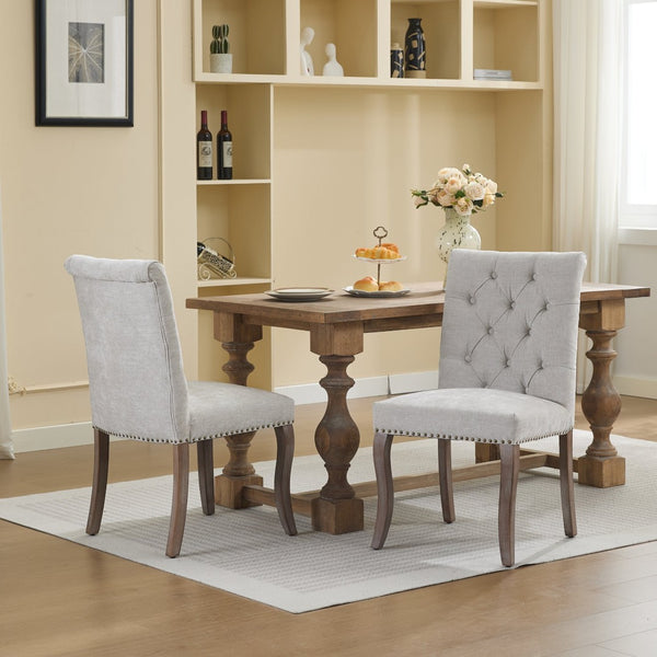 English Elm Upholstered Chenille Tufted Dining Chairs Set of 2 with Curved Wood Legs Club Style Beige W1143P457780