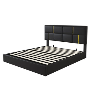 English Elm 2-pieces Queen Platform Bed Set Pu Upholstered Hydraulic Storage with Gold Accent Ottoman N733S362242B