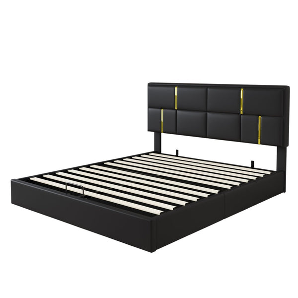 English Elm 2-pieces Queen Platform Bed Set Pu Upholstered Hydraulic Storage with Gold Accent Ottoman N733S362242B