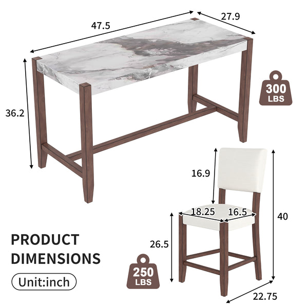English Elm 3-Piece Faux Marble Counter Height Dining Set for 2 — Mid-Century Chairs, Rubberwood Legs, Easy-Clean Finish N752S001086A