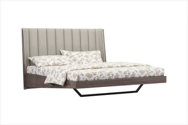 HomeRoots King Contemporary Grey Upholstered Faux Leather Bed Frame with High-Gloss Ivory Headboard Design 486181