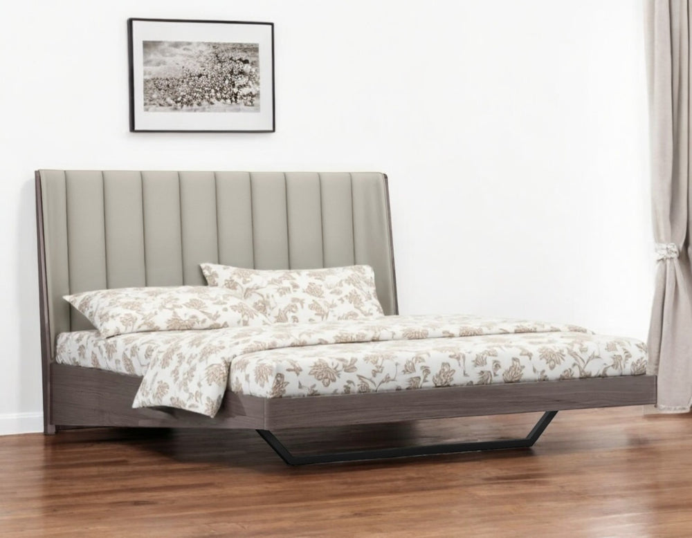 HomeRoots King Contemporary Grey Upholstered Faux Leather Bed Frame with High-Gloss Ivory Headboard Design 486181
