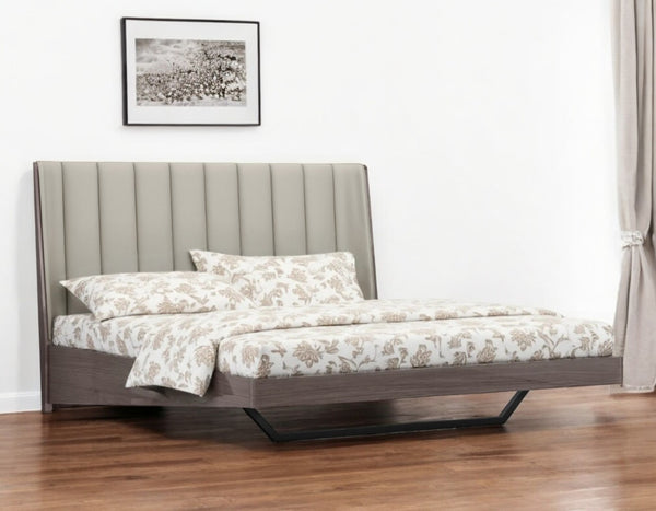 HomeRoots King Contemporary Grey Upholstered Faux Leather Bed Frame with High-Gloss Ivory Headboard Design 486181