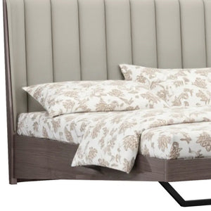 HomeRoots King Contemporary Grey Upholstered Faux Leather Bed Frame with High-Gloss Ivory Headboard Design 486181