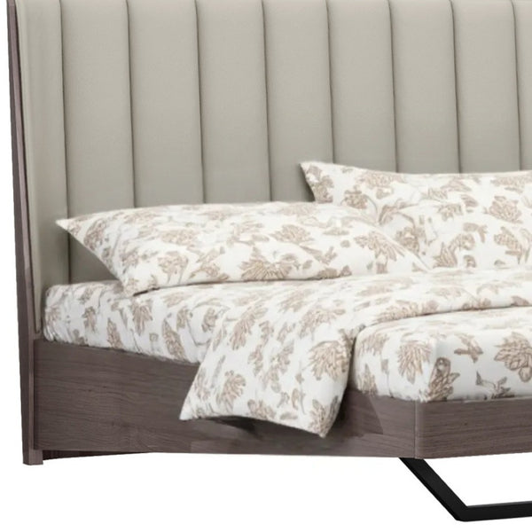 HomeRoots King Contemporary Grey Upholstered Faux Leather Bed Frame with High-Gloss Ivory Headboard Design 486181