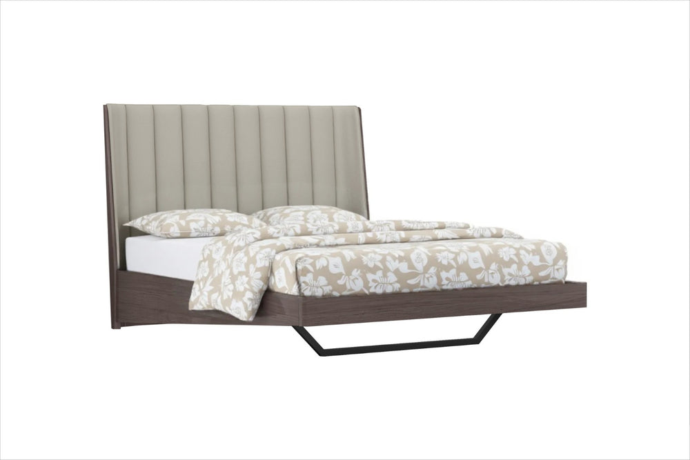 HomeRoots Queen Grey Upholstered Faux Leather Bed Frame with Ivory Gloss Finish – Modern Comfort & Style! 486182
