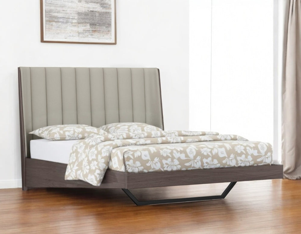 HomeRoots Queen Grey Upholstered Faux Leather Bed Frame with Ivory Gloss Finish – Modern Comfort & Style! 486182