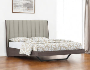HomeRoots Queen Grey Upholstered Faux Leather Bed Frame with Ivory Gloss Finish – Modern Comfort & Style! 486182