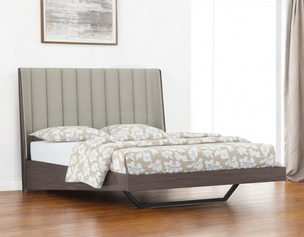 HomeRoots Queen Grey Upholstered Faux Leather Bed Frame with Ivory Gloss Finish – Modern Comfort & Style! 486182