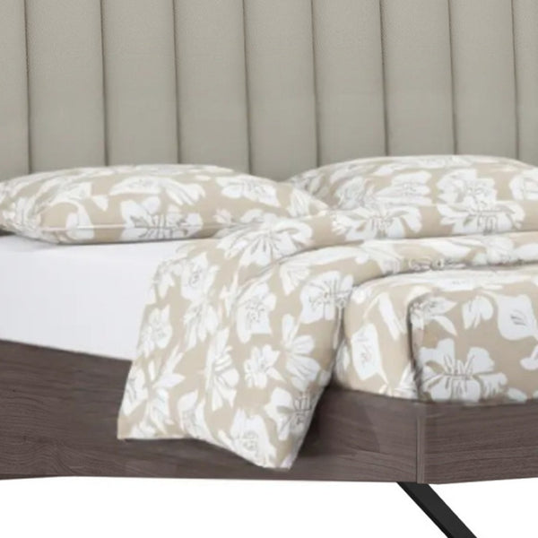 HomeRoots Queen Grey Upholstered Faux Leather Bed Frame with Ivory Gloss Finish – Modern Comfort & Style! 486182