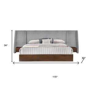 HomeRoots Brown Mid-Century Modern King Bed Frame with Upholstered Winged Headboard & Integrated Nightstands 486186