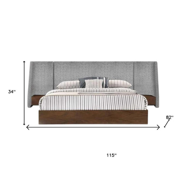 HomeRoots Brown Mid-Century Modern King Bed Frame with Upholstered Winged Headboard & Integrated Nightstands 486186