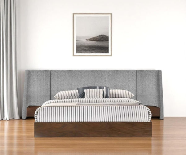HomeRoots Brown Mid-Century Modern King Bed Frame with Upholstered Winged Headboard & Integrated Nightstands 486186