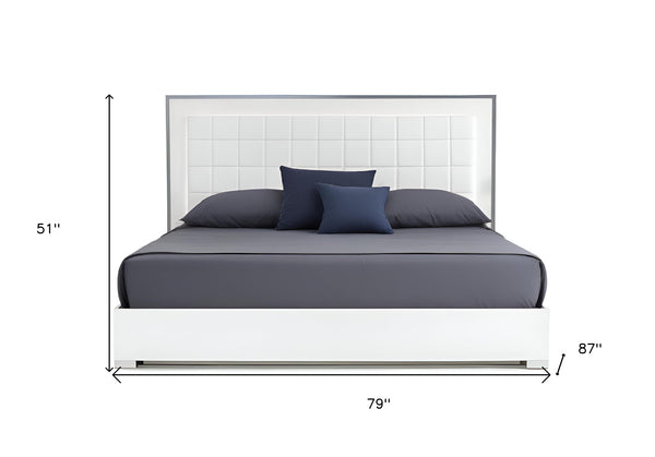 Homeroots White Lighted California King Bed Frame - Stylish Tufted Faux Leather & Stainless Steel Design!  Manufactured Wood,Steel,Faux Leather 486191
