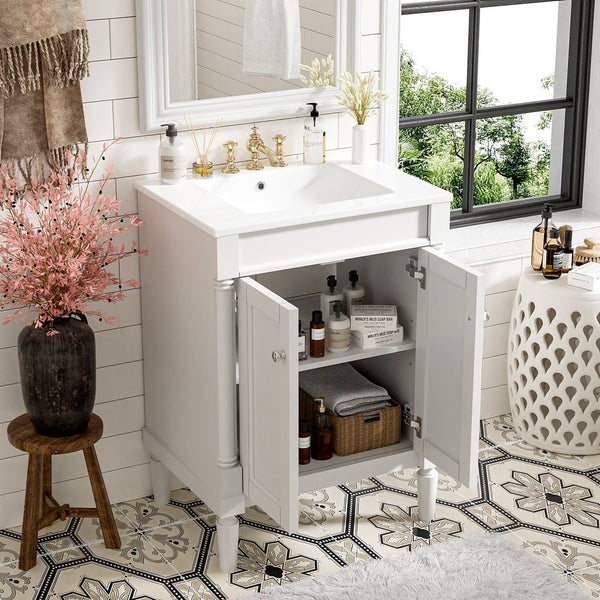 English Elm 24'' Modern Bathroom Vanity with Ceramic Basin, Solid Wood Frame, Soft-Close Doors, Ample Storage White N710P190503K
