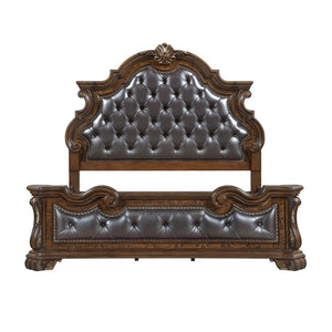 English Elm Formal Eastern King Bed Tufted Burl Veneer Frame with Gold Carved Detailing B011S02305