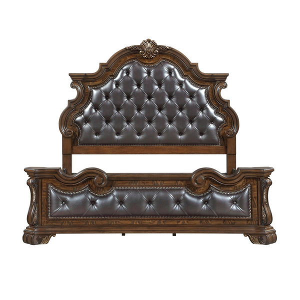 English Elm Formal Eastern King Bed Tufted Burl Veneer Frame with Gold Carved Detailing B011S02305
