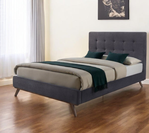 Homeroots Gray And Brown Wood And Tufted Polyester King Bed Frame  Manufactured Wood,Solid Wood,Fabric 486204