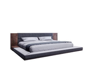 HomeRoots Gray Queen Bed Frame with Upholstered Headboard & Built-In Nightstands - Modern Mid-Century Design 486207