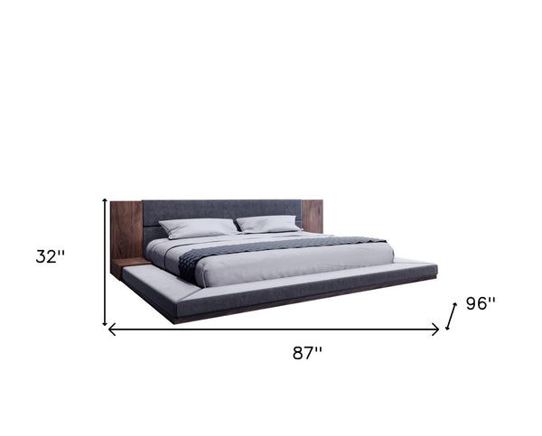 HomeRoots Gray Queen Bed Frame with Upholstered Headboard & Built-In Nightstands - Modern Mid-Century Design 486207