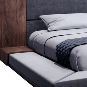 HomeRoots Gray Queen Bed Frame with Upholstered Headboard & Built-In Nightstands - Modern Mid-Century Design 486207