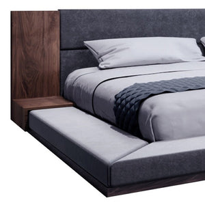 HomeRoots Gray Queen Bed Frame with Upholstered Headboard & Built-In Nightstands - Modern Mid-Century Design 486207