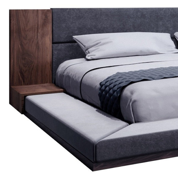 HomeRoots Gray Queen Bed Frame with Upholstered Headboard & Built-In Nightstands - Modern Mid-Century Design 486207