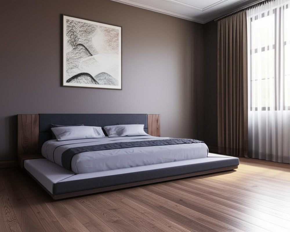 HomeRoots Gray Queen Bed Frame with Upholstered Headboard & Built-In Nightstands - Modern Mid-Century Design 486207