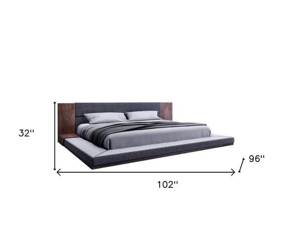 Homeroots Brown And Gray Wood Upholstered King Bed Frame   486208