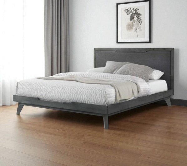 HomeRoots Gray Wood and Linen Queen Bed Frame – Modern Platform Design, Durable Construction, No Box Spring Needed 486217
