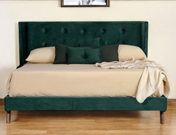 Homeroots Green Wood And Tufted Velvet Queen Bed Frame   486219