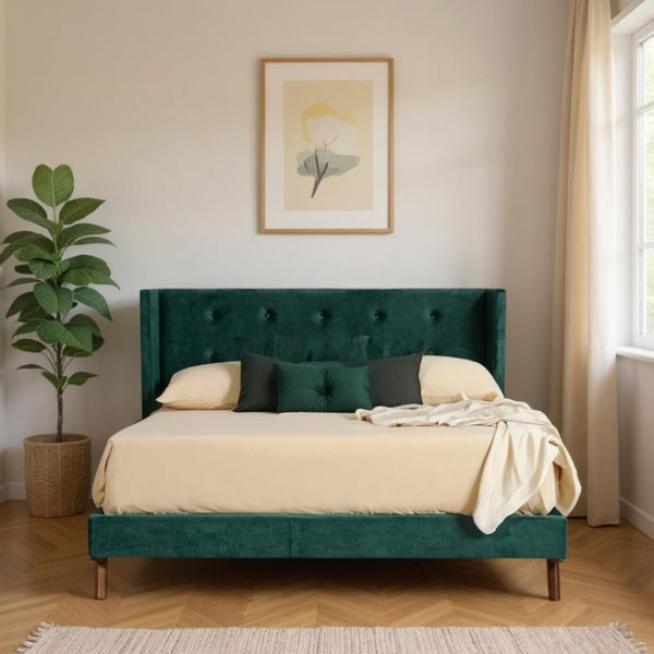 HomeRoots Green Velvet Tufted Queen Bed Frame - Elegant Wingback Design with Solid Wood Legs for Modern Comfort 486219
