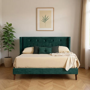 HomeRoots Green King Bed Frame with Tufted Velvet Upholstery, Wingback Design & Warm Wood Accents, Luxe Comfort 486220