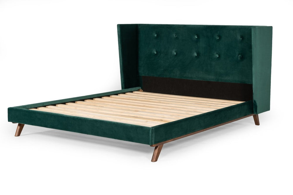 HomeRoots Green King Bed Frame with Tufted Velvet Upholstery, Wingback Design & Warm Wood Accents, Luxe Comfort 486220