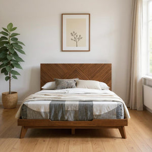 HomeRoots Brown Wood Queen Bed Frame - Mid-Century Modern Design with Durable Support & Elegant Warmth 486232