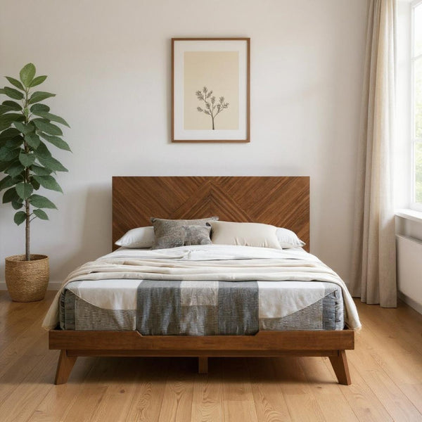 HomeRoots Brown Wood Queen Bed Frame - Mid-Century Modern Design with Durable Support & Elegant Warmth 486232