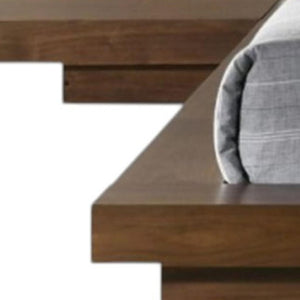 HomeRoots Walnut Low Platform Queen Bed Frame with Faux Leather Headboard & Integrated Nightstand Storage 486237