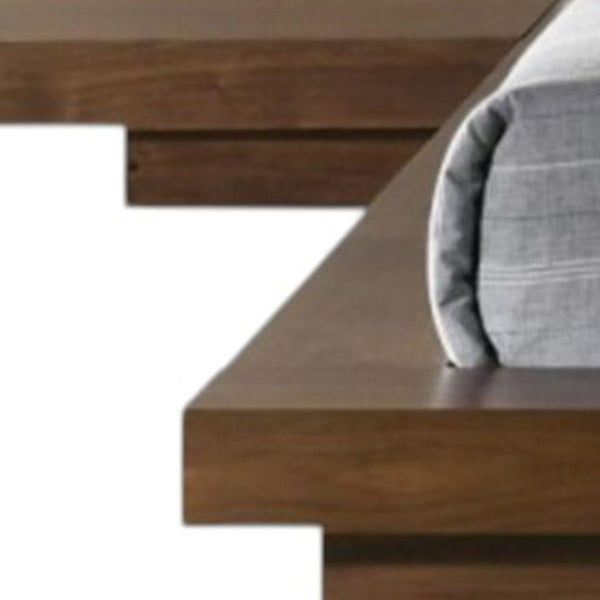 HomeRoots Walnut Low Platform Queen Bed Frame with Faux Leather Headboard & Integrated Nightstand Storage 486237